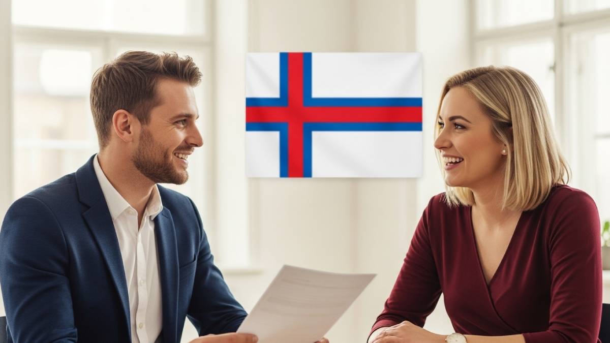 Traducteur avec client féroïen, bureau lumineux, drapeau des îles Féroé bien visible Souhaites-tu que je génère le visuel maintenant ?