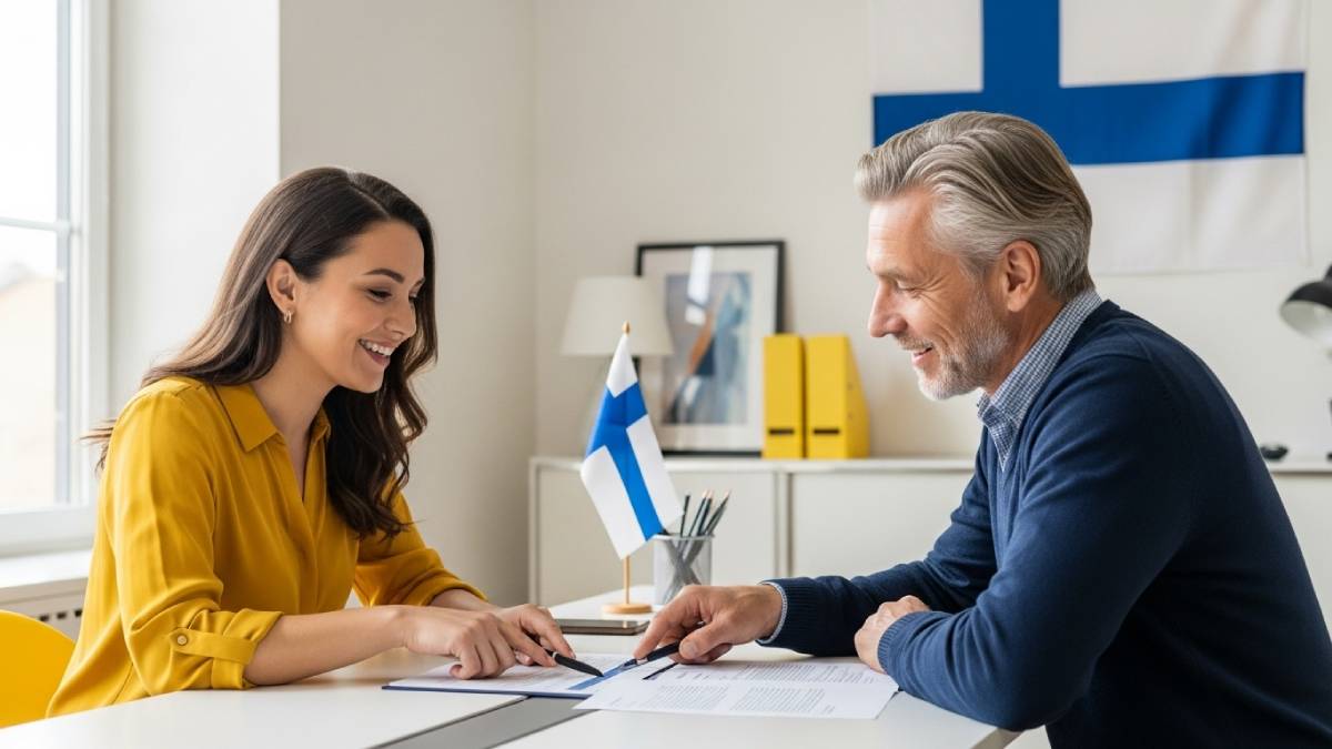 Traducteur avec client finnophone dans un bureau moderne, drapeau finlandais bien visible