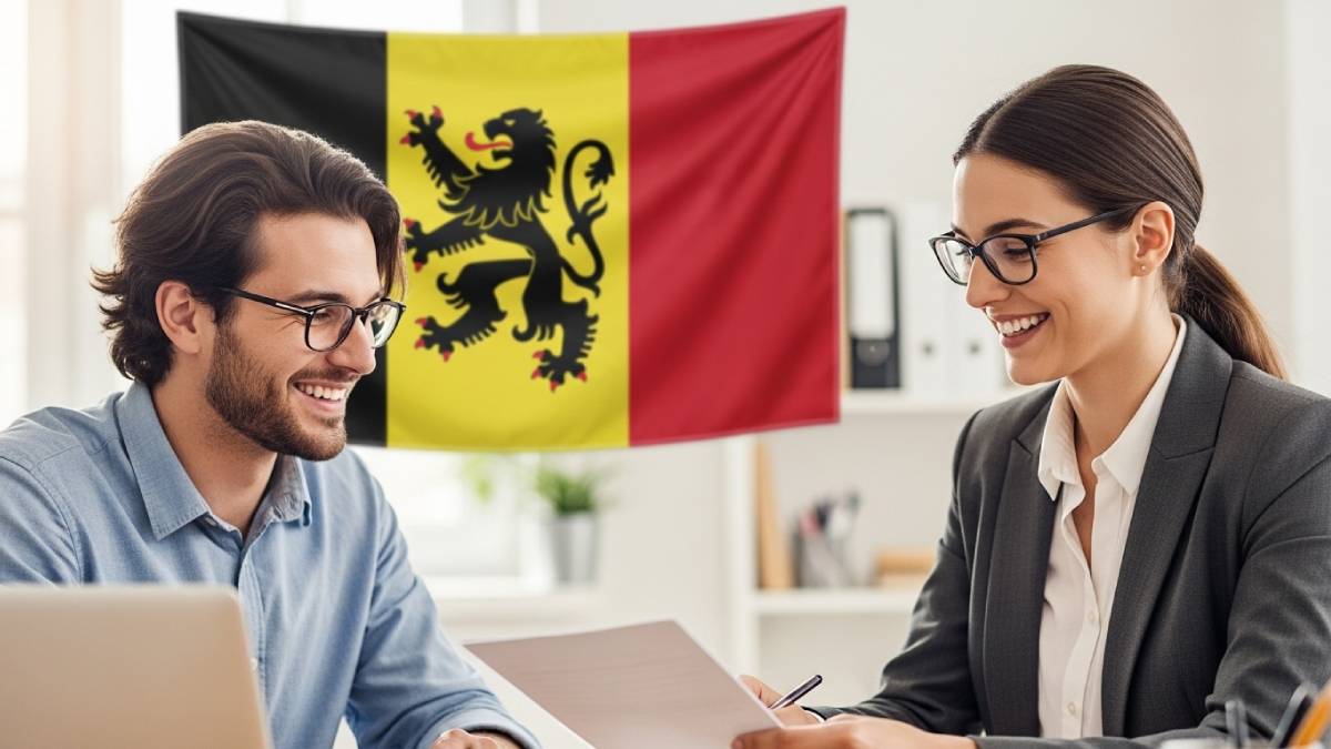 Traducteur avec client flamand, bureau lumineux, drapeau flamand bien visible