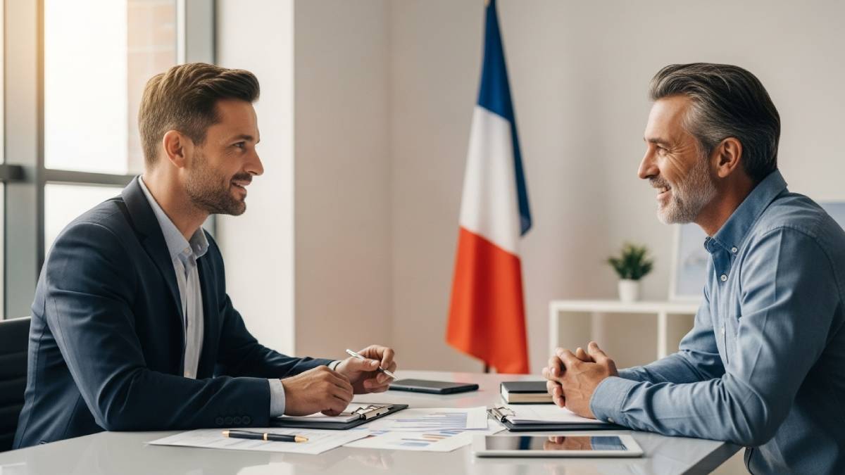 Traducteur échange avec un client francophone dans un bureau moderne, drapeau français