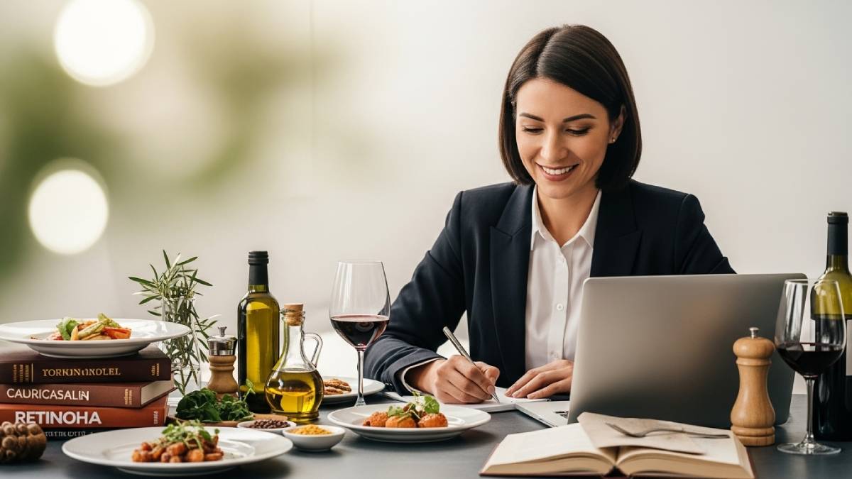 Traducteur à table avec plats gastronomiques et livres de cuisine multilingues