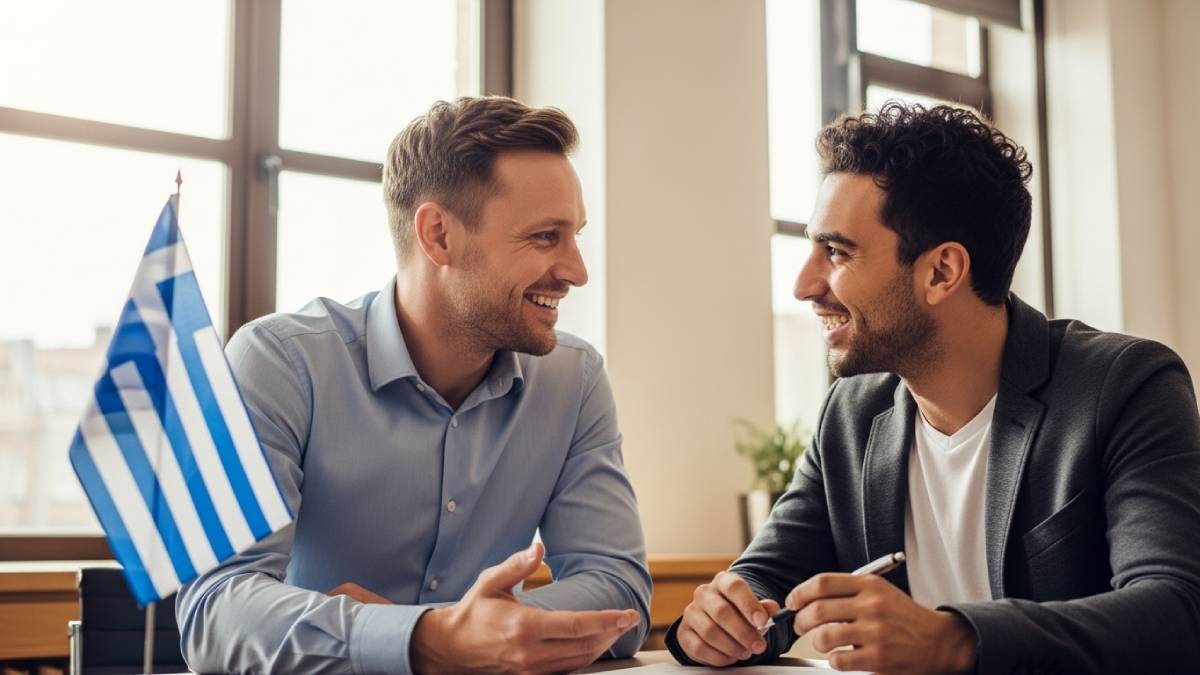 Traducteur avec client grec dans un bureau moderne, drapeau grec bien visible