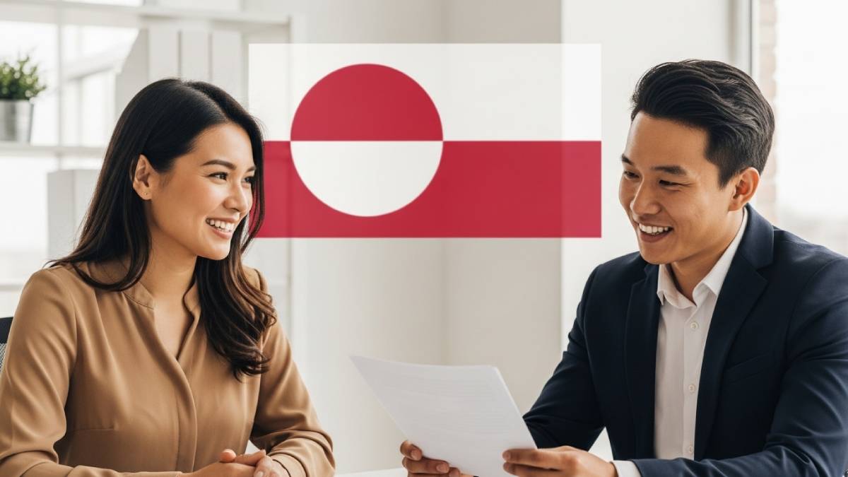 Traducteur avec client groenlandais, bureau moderne, drapeau du Groenland bien visible