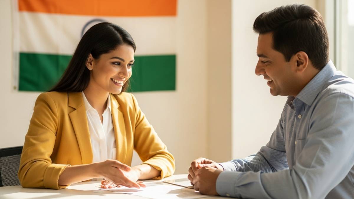 Traducteur avec client hindiphone, bureau moderne, drapeau indien bien visible