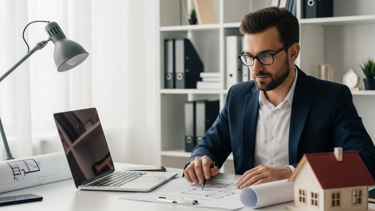 Traducteur immobilier examinant des plans et documents multilingues dans un bureau moderne