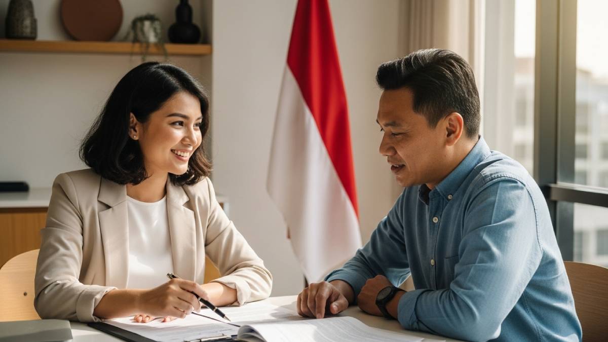 Traducteur avec client indonésien, bureau moderne, drapeau indonésien bien visible
