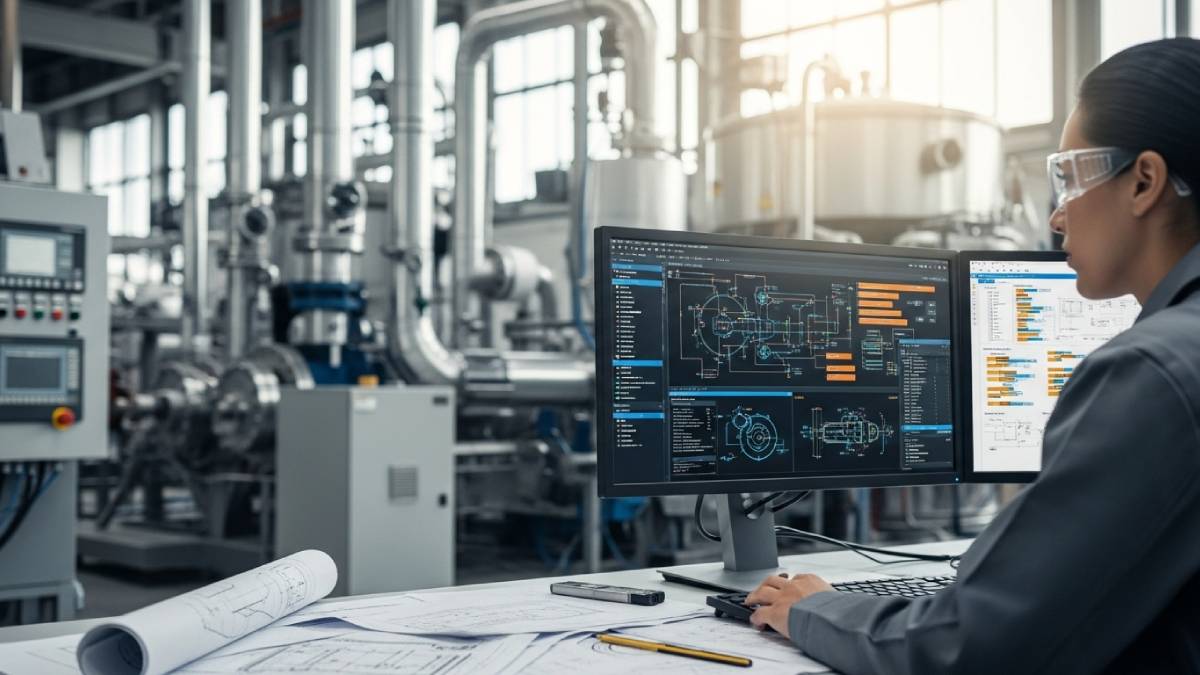 Traducteur industriel au travail devant plans et logiciels dans un environnement technique