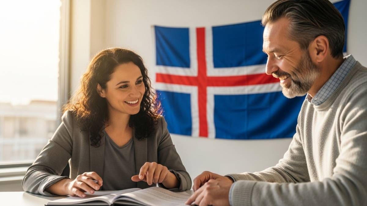 Traducteur avec client islandophone, bureau lumineux, drapeau islandais bien visible