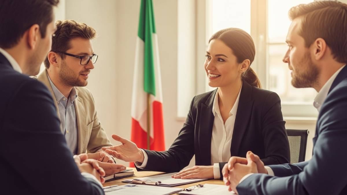 Traducteur échange avec un client italophone dans un bureau lumineux, drapeau italien en fond