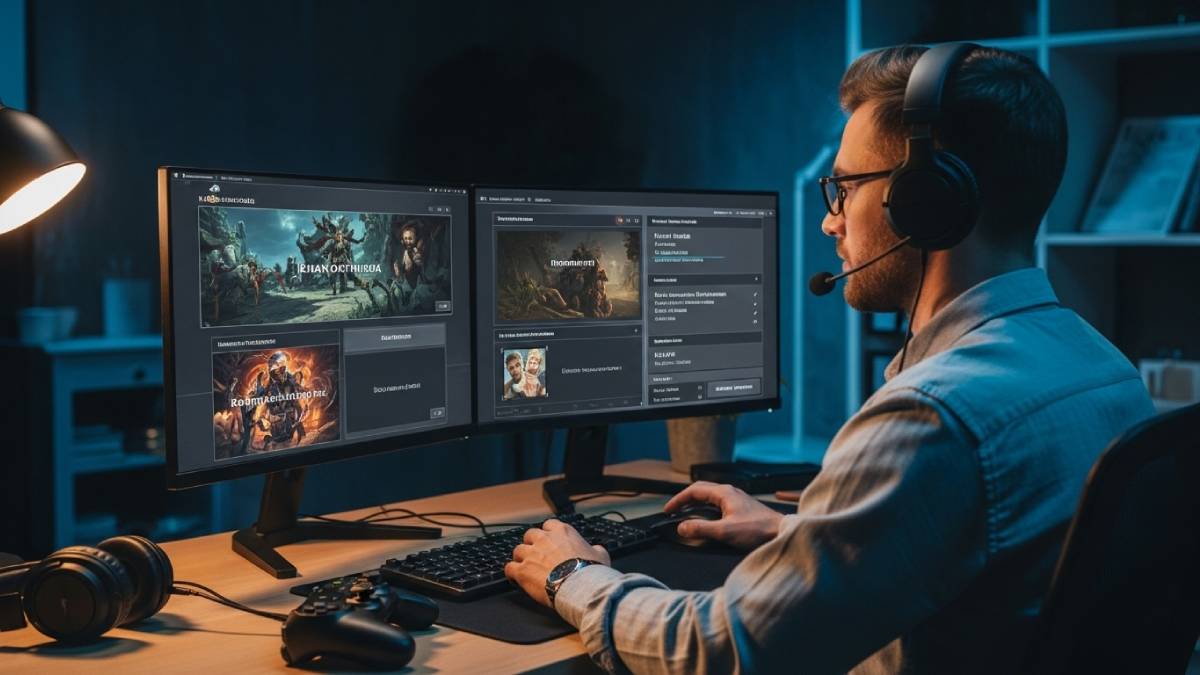 Traducteur jeux vidéo devant un écran de jeu multilingue dans un espace gaming créatif