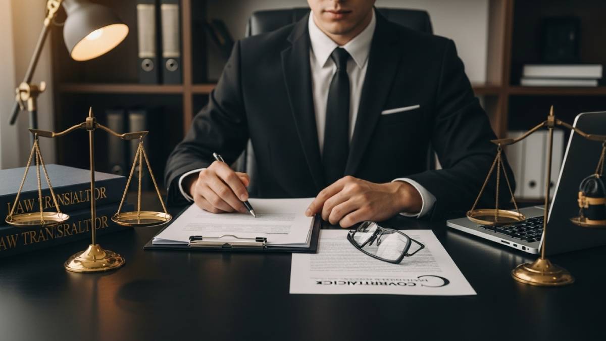 Traducteur juridique au travail avec des symboles du droit dans un cabinet professionnel