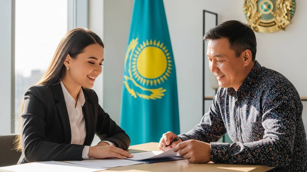 Translator with Kazakh client, bright desk, prominent Kazakh flag