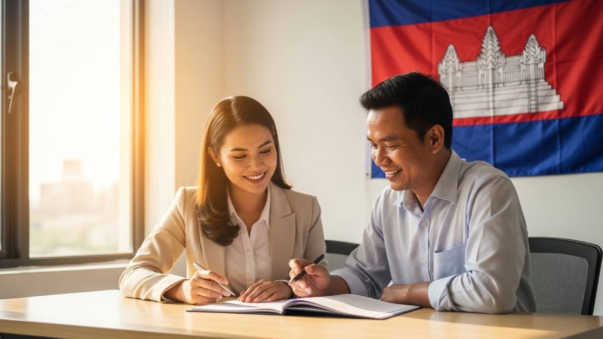 Traducteur avec client khmer, bureau lumineux, drapeau cambodgien bien visible