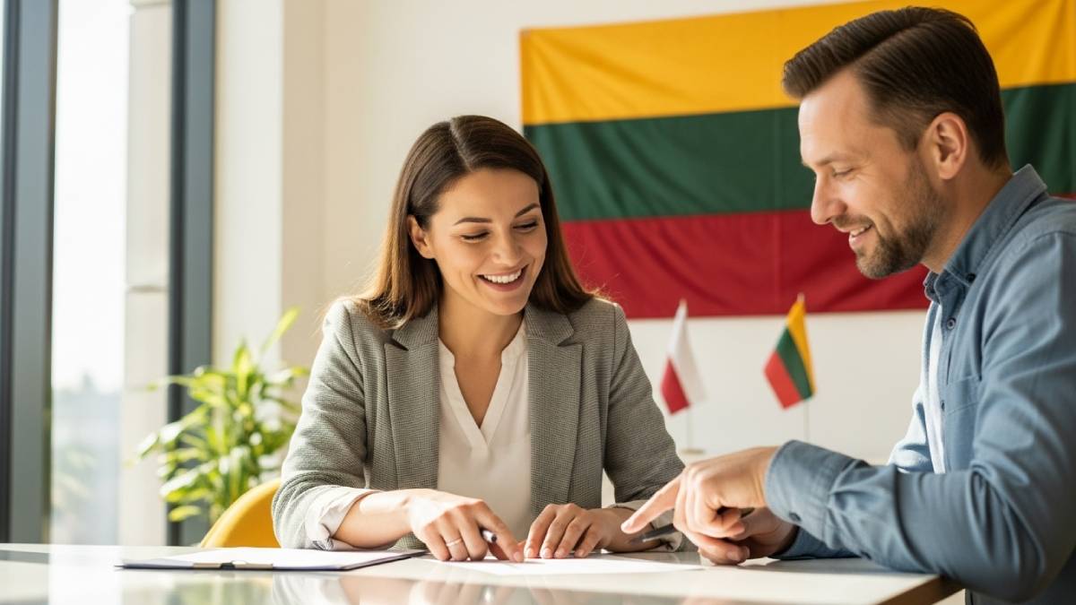 Traducteur avec client lituanien dans un bureau moderne, drapeau lituanien bien visible
