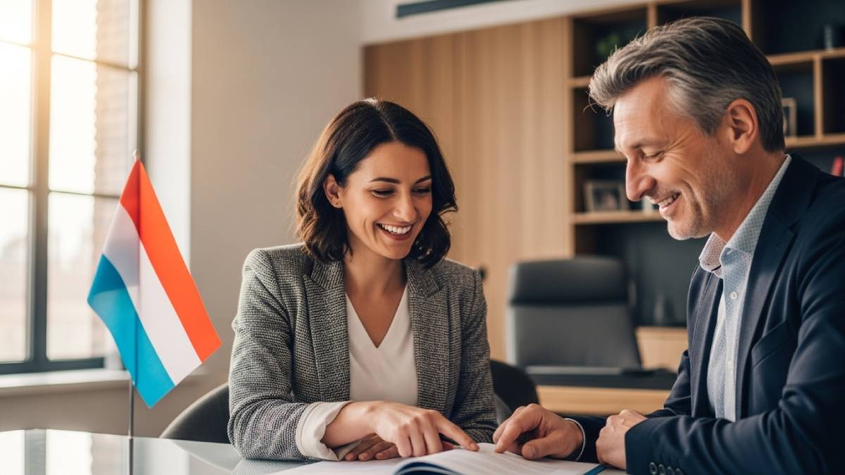 Traducteur avec client luxembourgeois, bureau moderne, drapeau luxembourgeois bien visible
