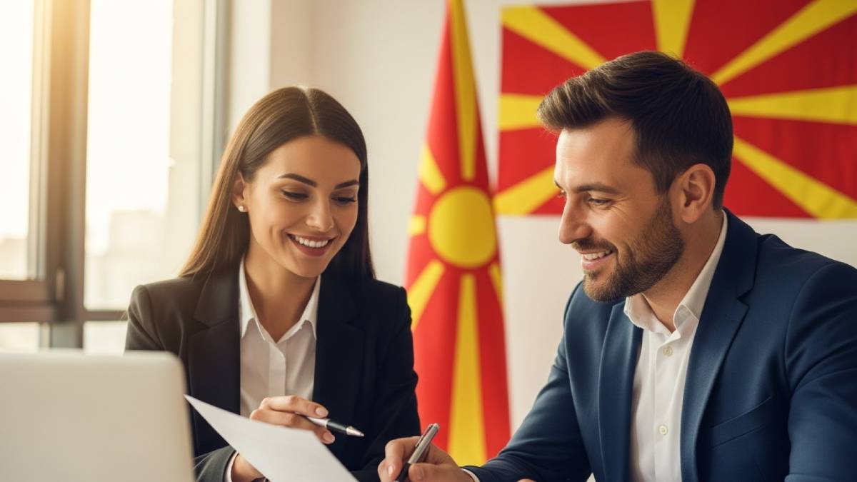 Translator with Macedonian client, bright office, Macedonian flag clearly visible