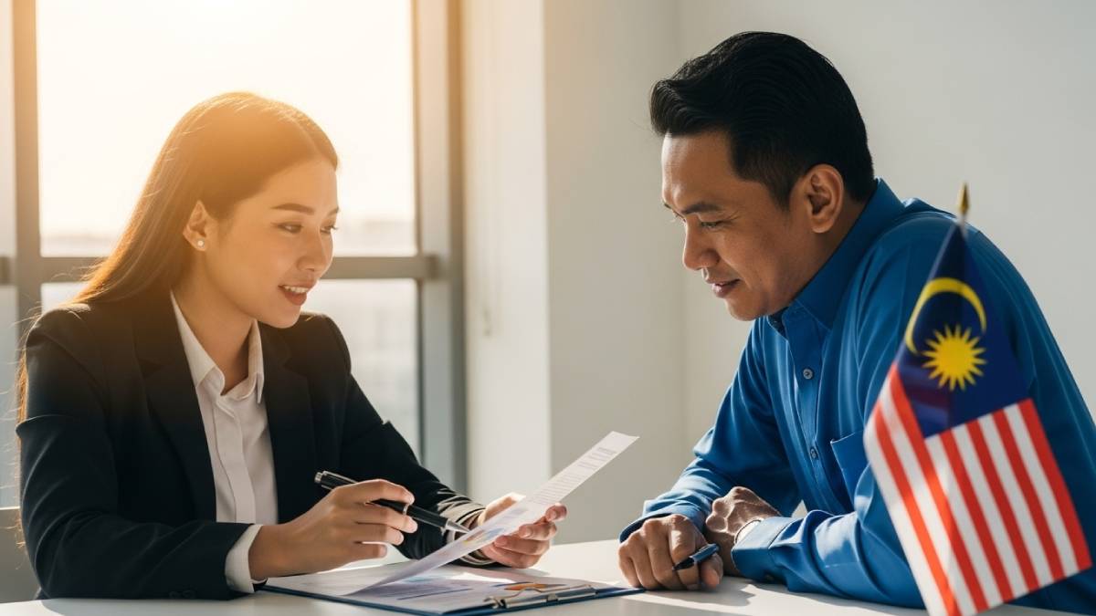Traducteur avec client malais, bureau moderne, drapeau malaisien bien visible
