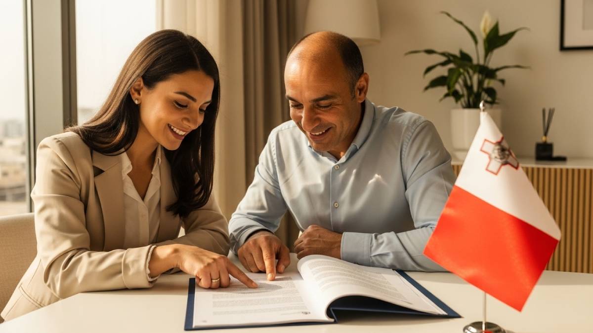 Traducteur avec client maltais dans un bureau moderne, drapeau maltais bien visible