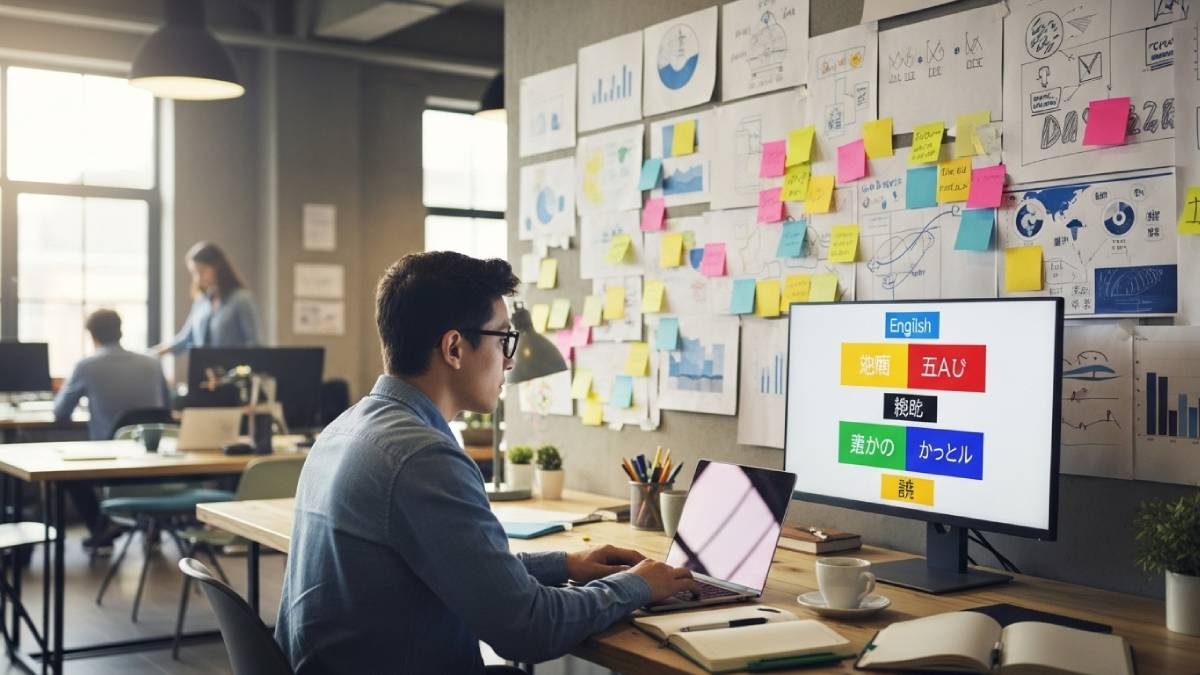 Traductrice marketing dans une agence créative avec post-its et campagne multilingue à l’écran