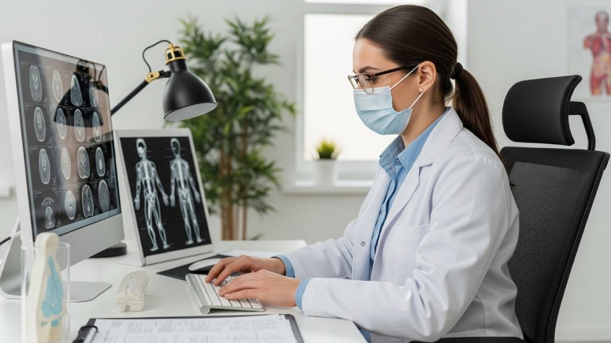 Traducteur médical travaillant sur des dossiers cliniques ou visuels médicaux