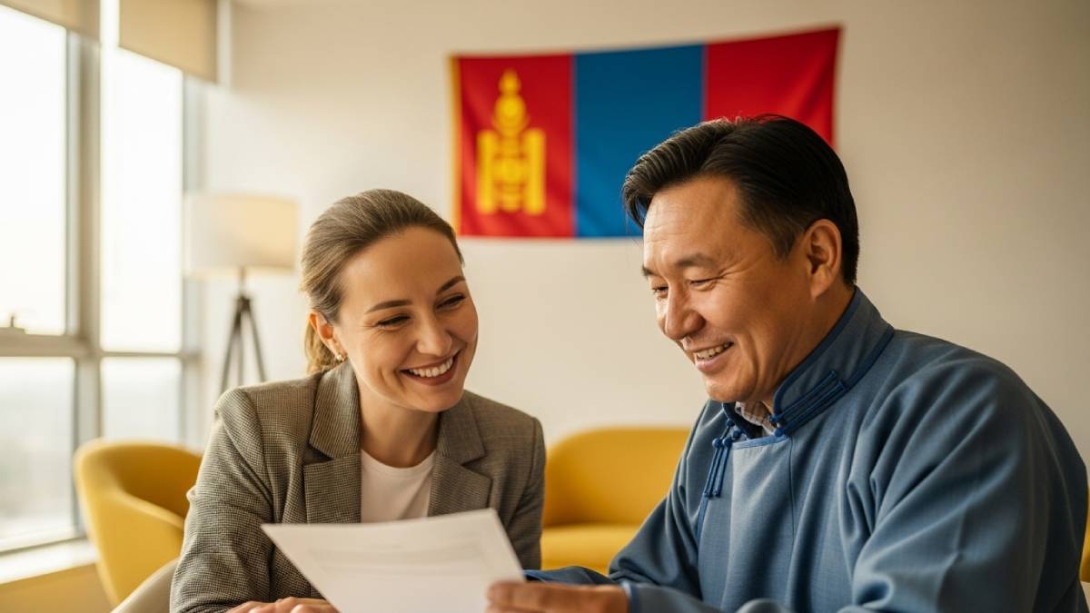 Translator with Mongolian client, bright desk, Mongolian flag clearly visible