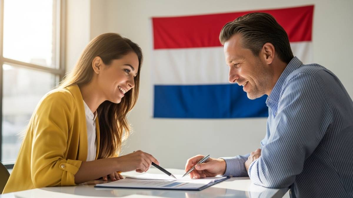 Traducteur en discussion avec un client néerlandophone, bureau moderne, drapeau néerlandais