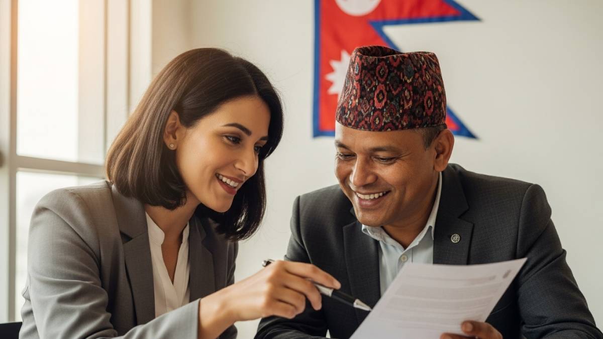 Traducteur avec client népalais, bureau lumineux, drapeau népalais bien visible