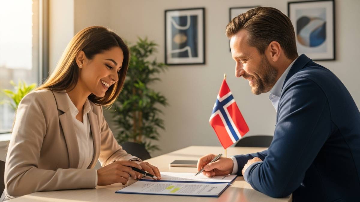 Traducteur avec client norvégien, document à la main, drapeau norvégien bien visible