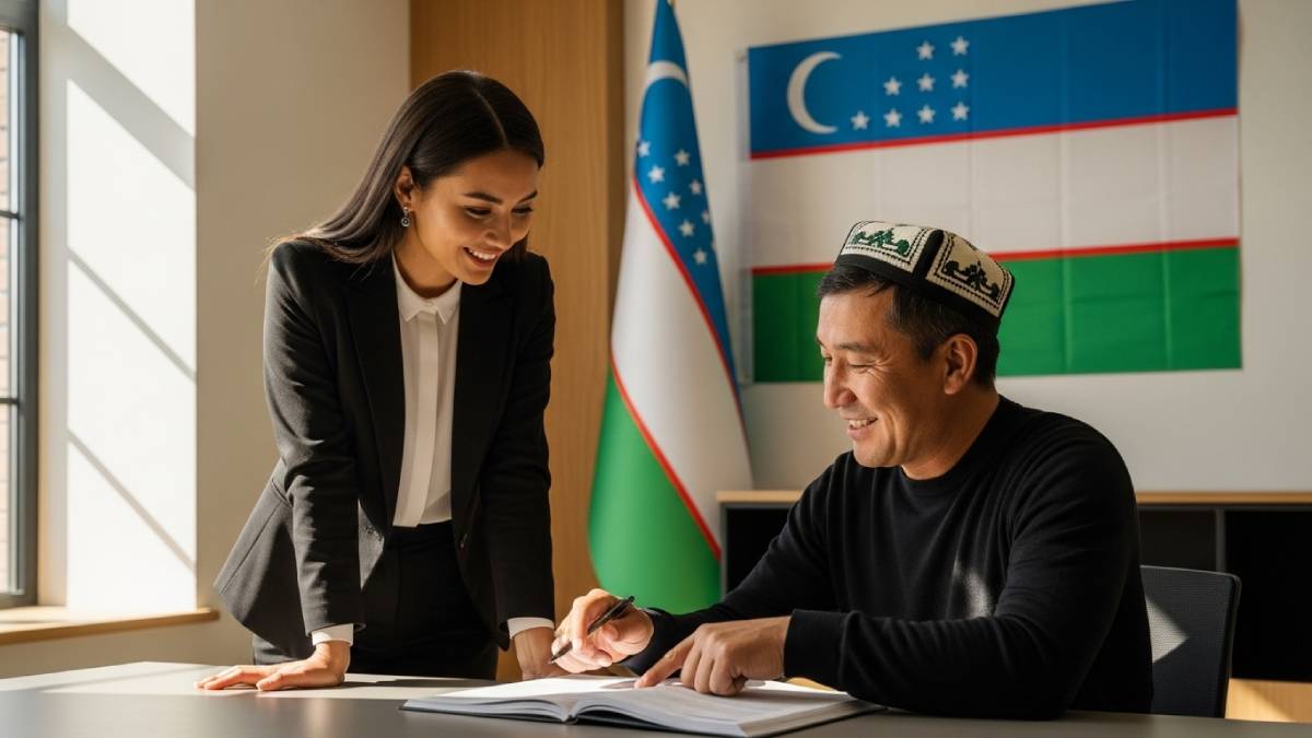 Traducteur avec client ouzbek, bureau lumineux, drapeau ouzbek bien visible
