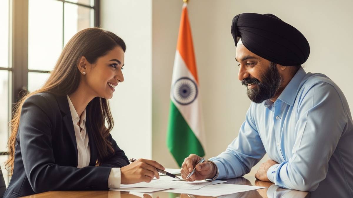Translator with Punjabi client, bright desk, Indian flag clearly visible