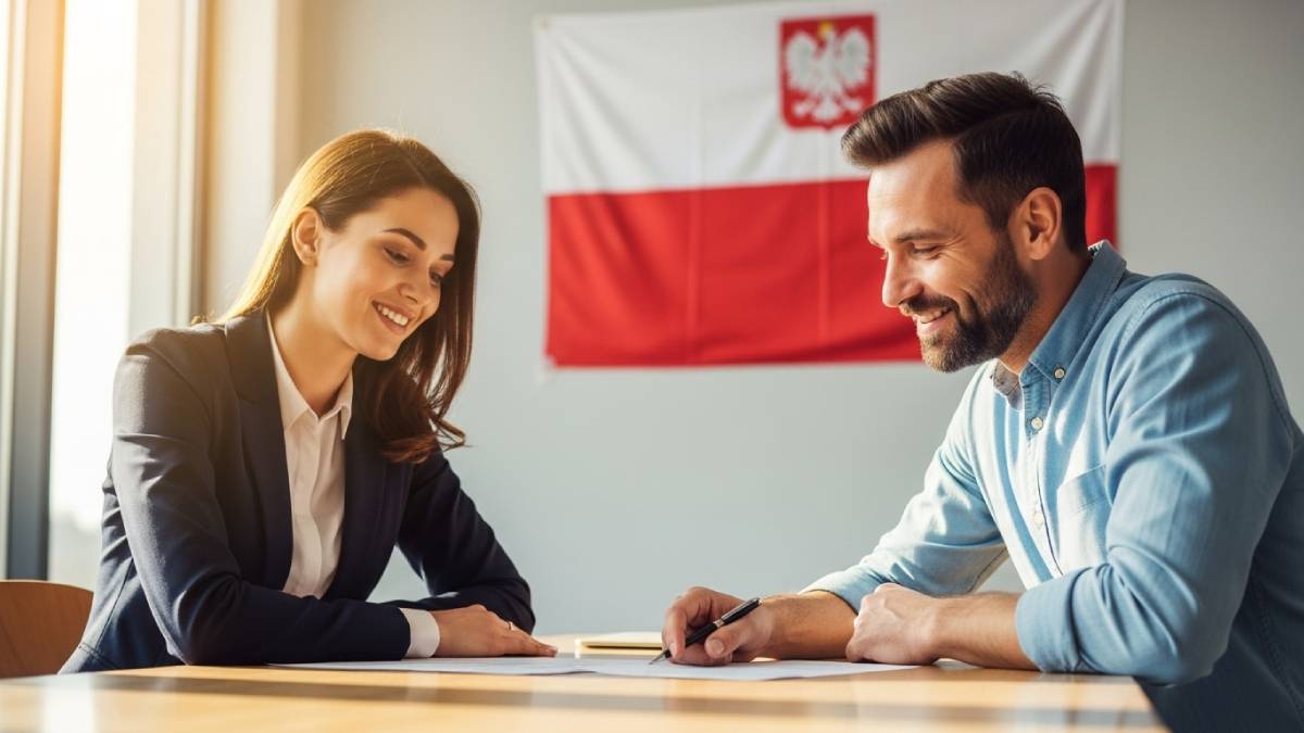 Traducteur avec client polonais souriant, bureau moderne, drapeau polonais bien visible