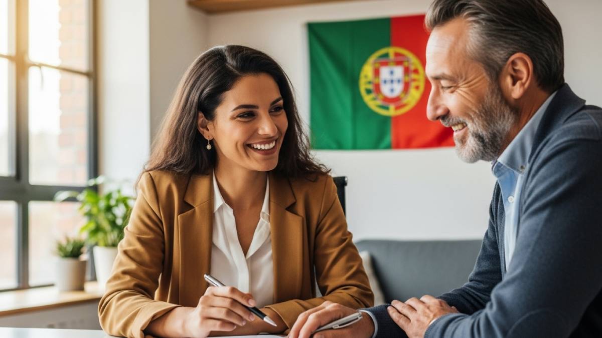 Traducteur avec un client lusophone dans un bureau moderne, drapeau portugais bien visible