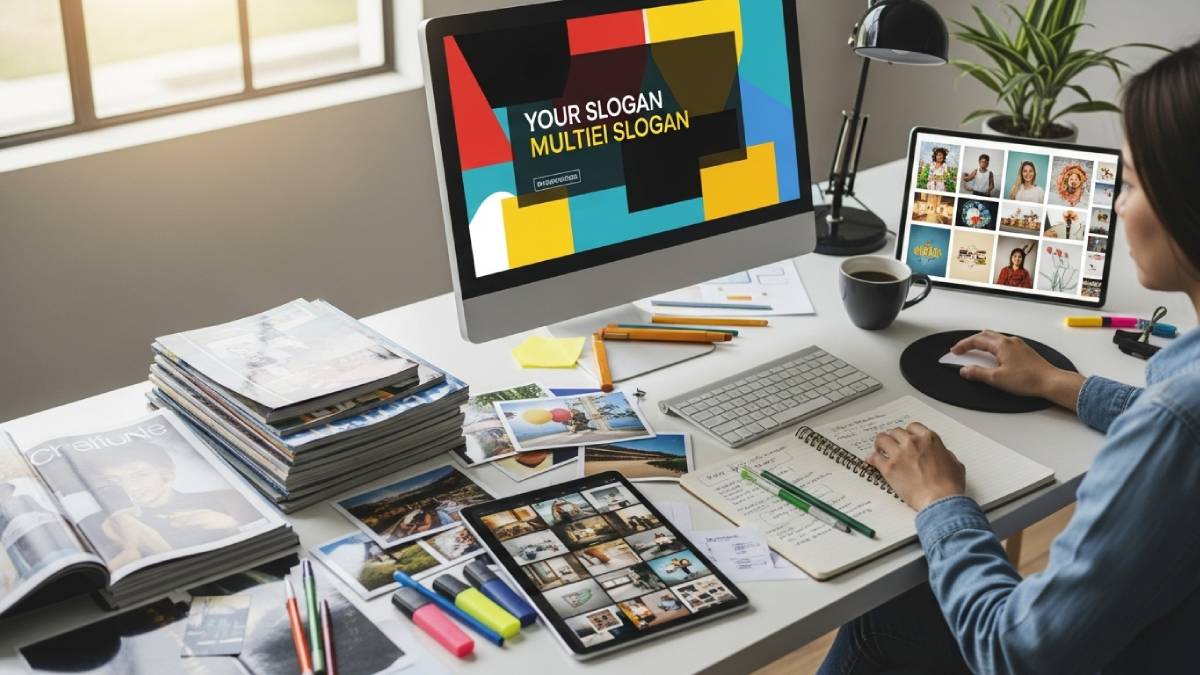 Traductrice pub créant une campagne multilingue dans une agence dynamique et colorée