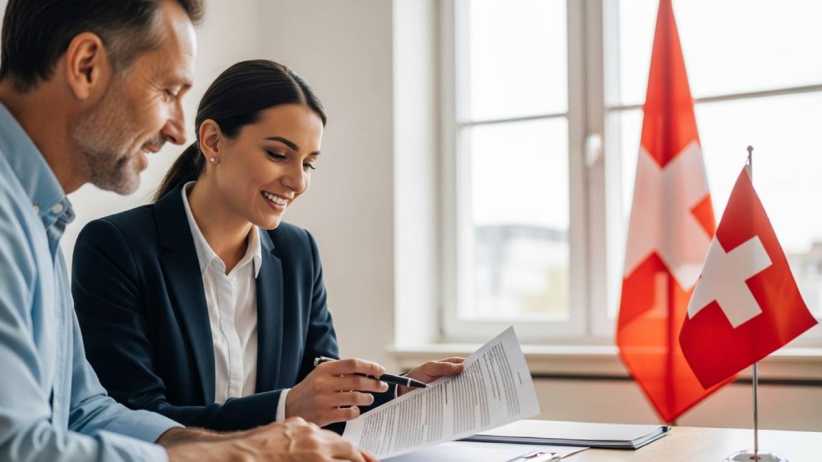 Traducteur avec client romanchophone, bureau lumineux, drapeau suisse bien visible