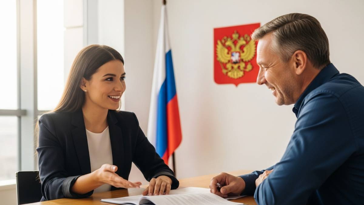 Traducteur avec client russophone, document à la main, drapeau russe bien visible