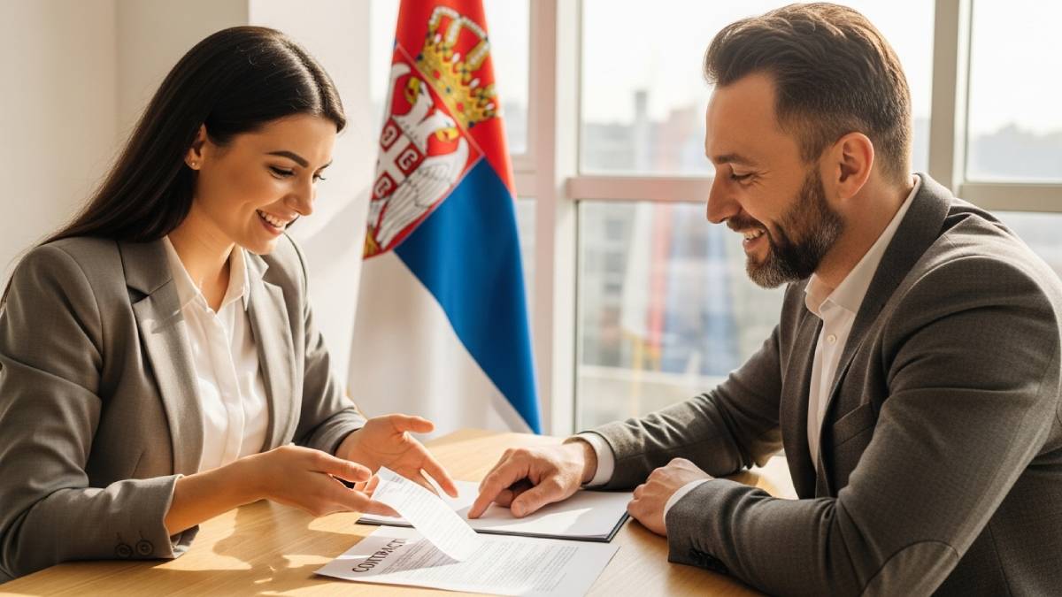 Traducteur avec client serbophone dans un bureau lumineux, drapeau serbe bien visible