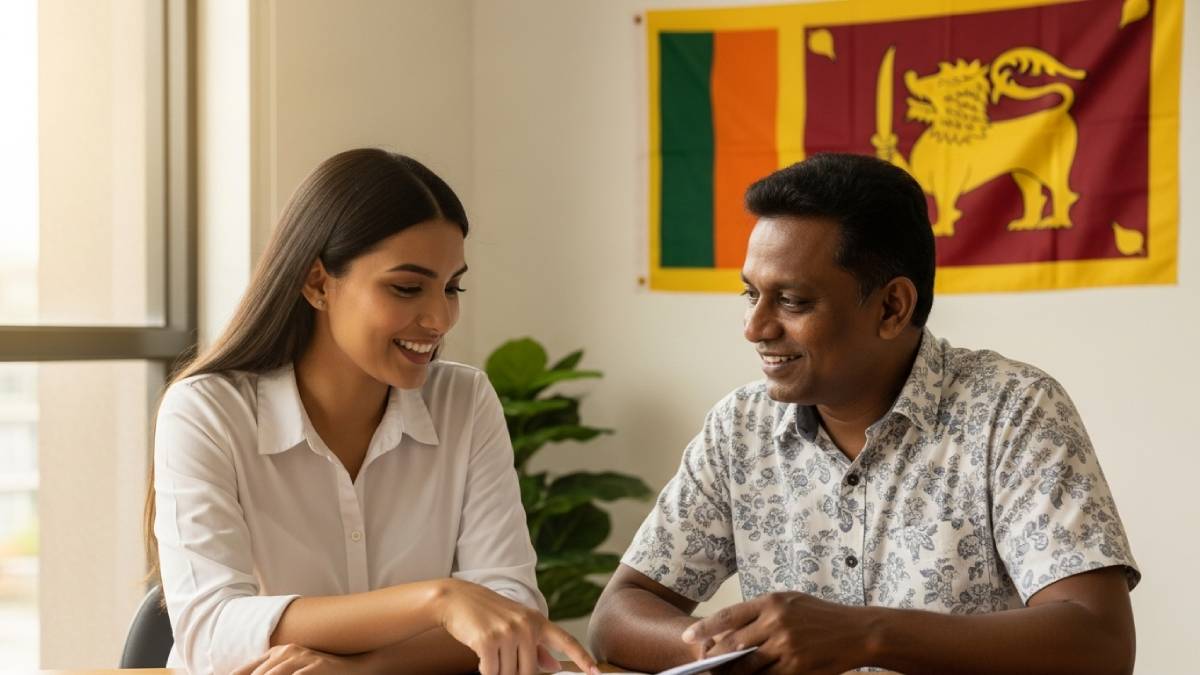 Translator with Sri Lankan client, bright desk, Sri Lankan flag clearly visible