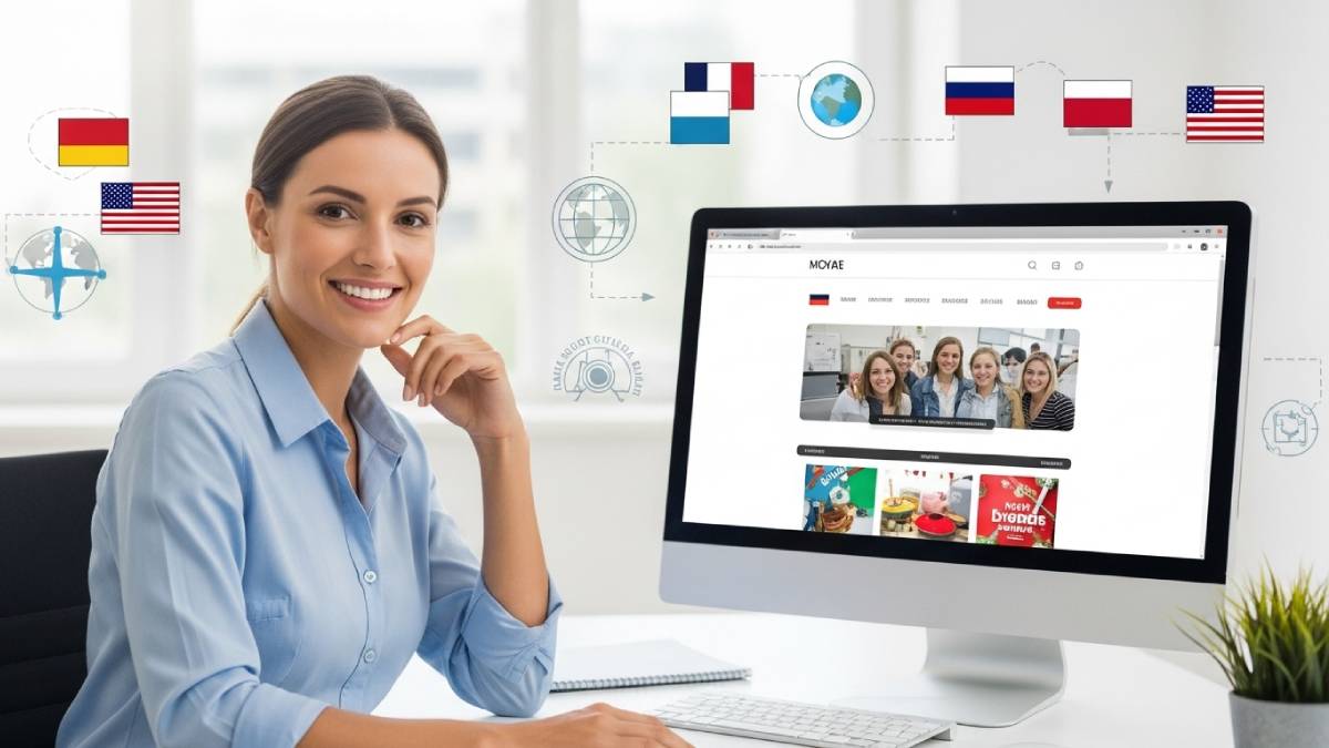 Traductrice devant un site web multilingue, ambiance moderne et professionnelle