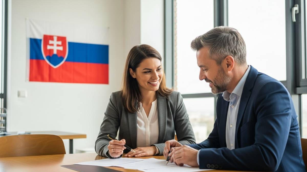 Traducteur avec client slovaque dans un bureau moderne, drapeau slovaque bien visible