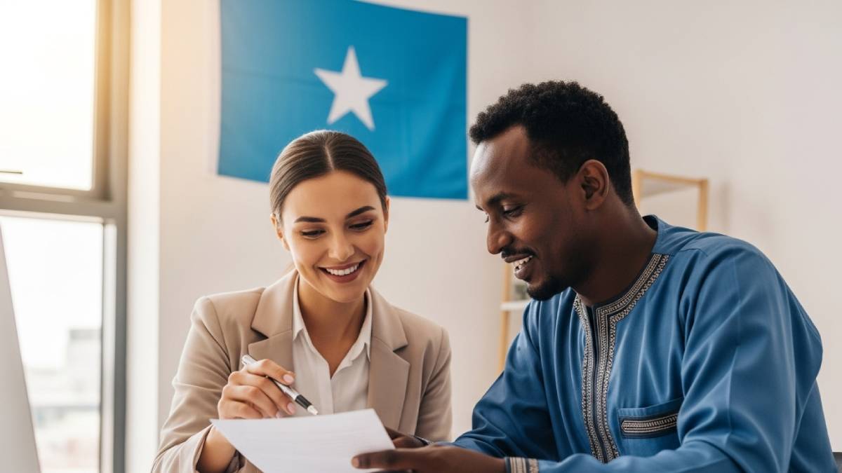 Traducteur avec client somaliphone, bureau moderne, drapeau somalien bien visible