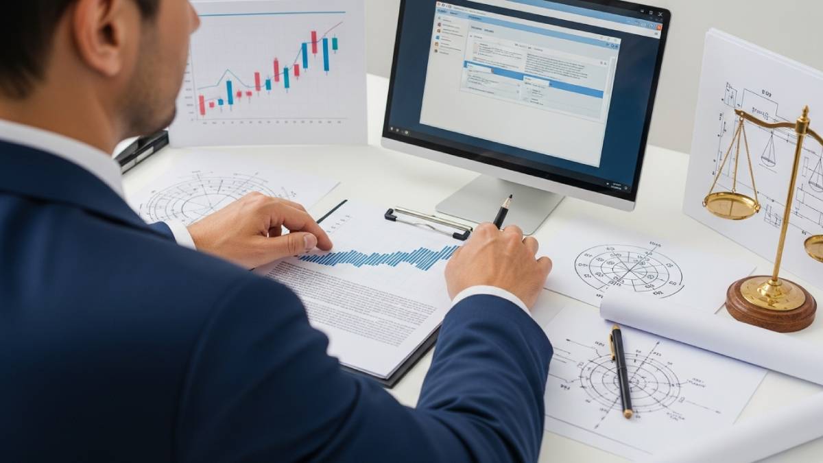 Traducteur spécialisé entouré de documents techniques, juridiques et scientifiques