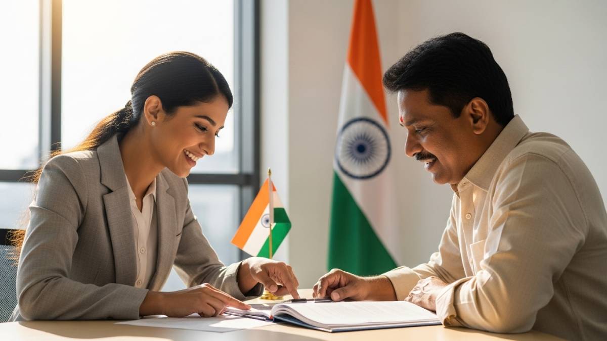 Traducteur avec client tamoulophone, bureau moderne, drapeau indien bien visible