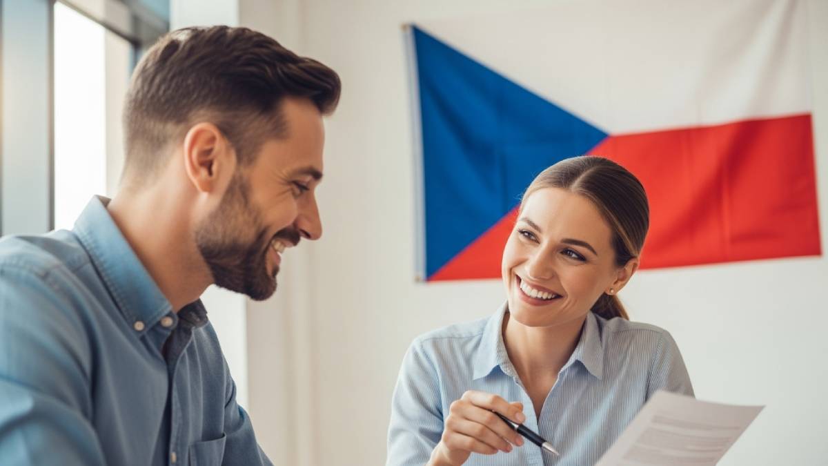 Traducteur avec client tchèque dans un bureau moderne, drapeau tchèque bien visible