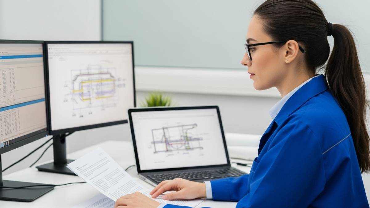 Traducteur technique travaillant sur des plans ou schémas dans un bureau d’ingénierie