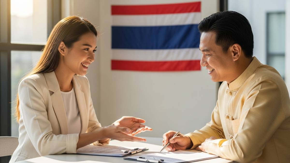 Traducteur avec client thaïlandais, bureau lumineux, drapeau thaïlandais bien visible