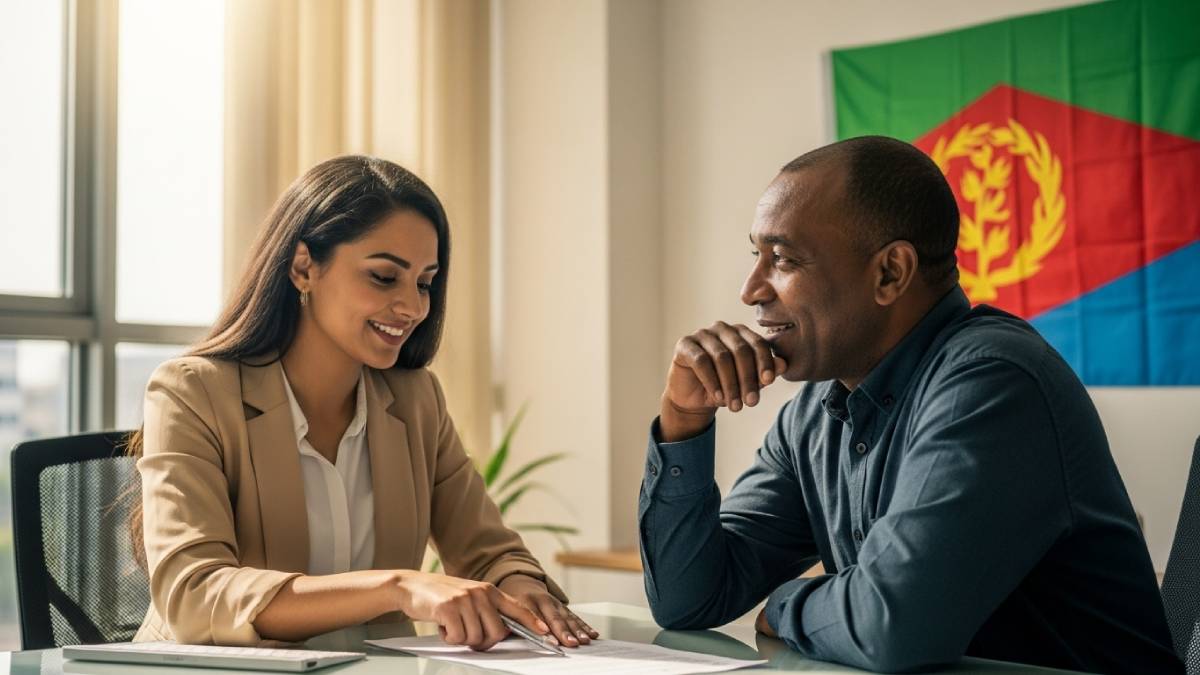 Traducteur avec client tigrignophone, bureau moderne, drapeau érythréen bien visible