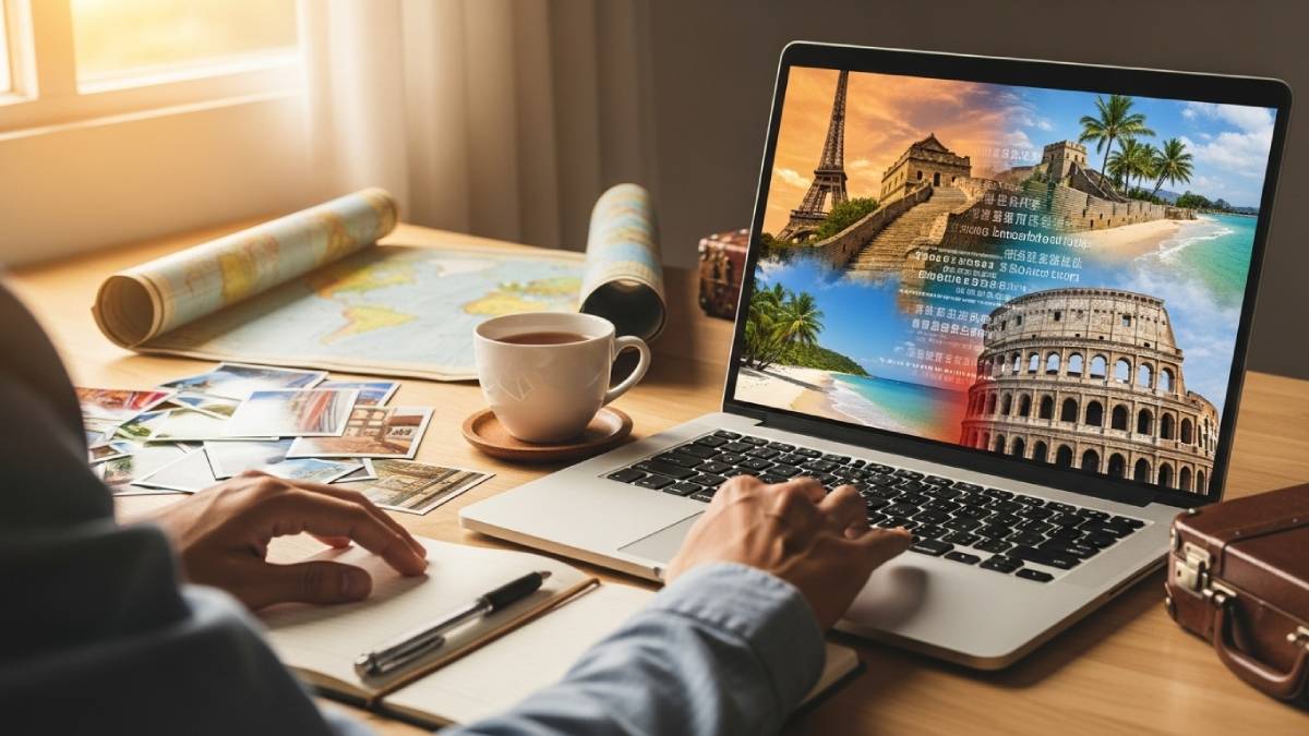 Traductrice tourisme devant brochures multilingues et paysages sur écran