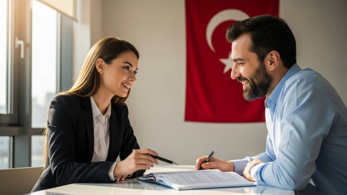 Traducteur avec client turcophone, bureau lumineux, drapeau turc bien visible