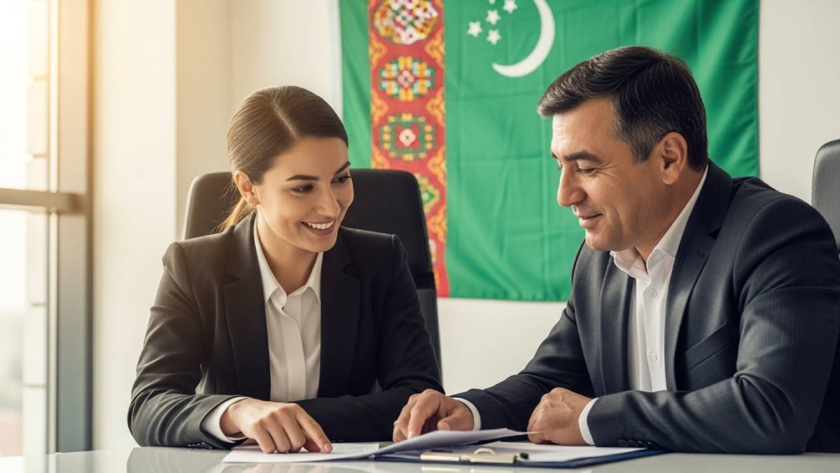 Translator with Turkmen client, modern office, flag of Turkmenistan clearly visible