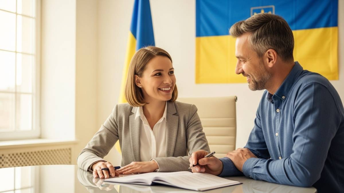 Traducteur avec client ukrainien dans un bureau moderne, drapeau ukrainien bien visible